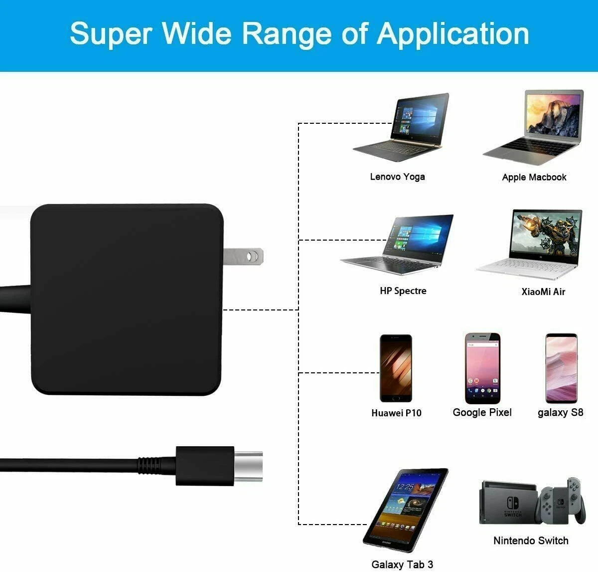 USB-C Type C Charger for Laptop Chromebook Tablet Phone 45w 65w Universal Charge
