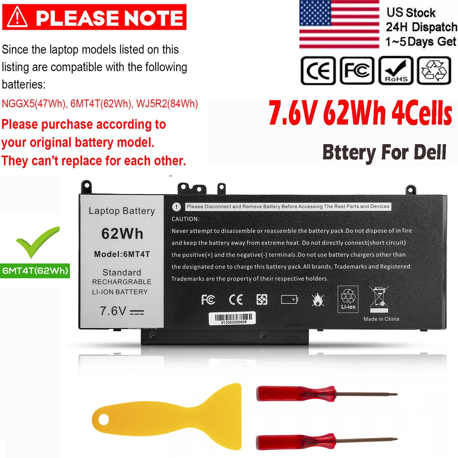 ?62Wh Battery For Dell Latitude E5470 E5570 Precision 3510 15.6''6MT4T 7V69Y NEW