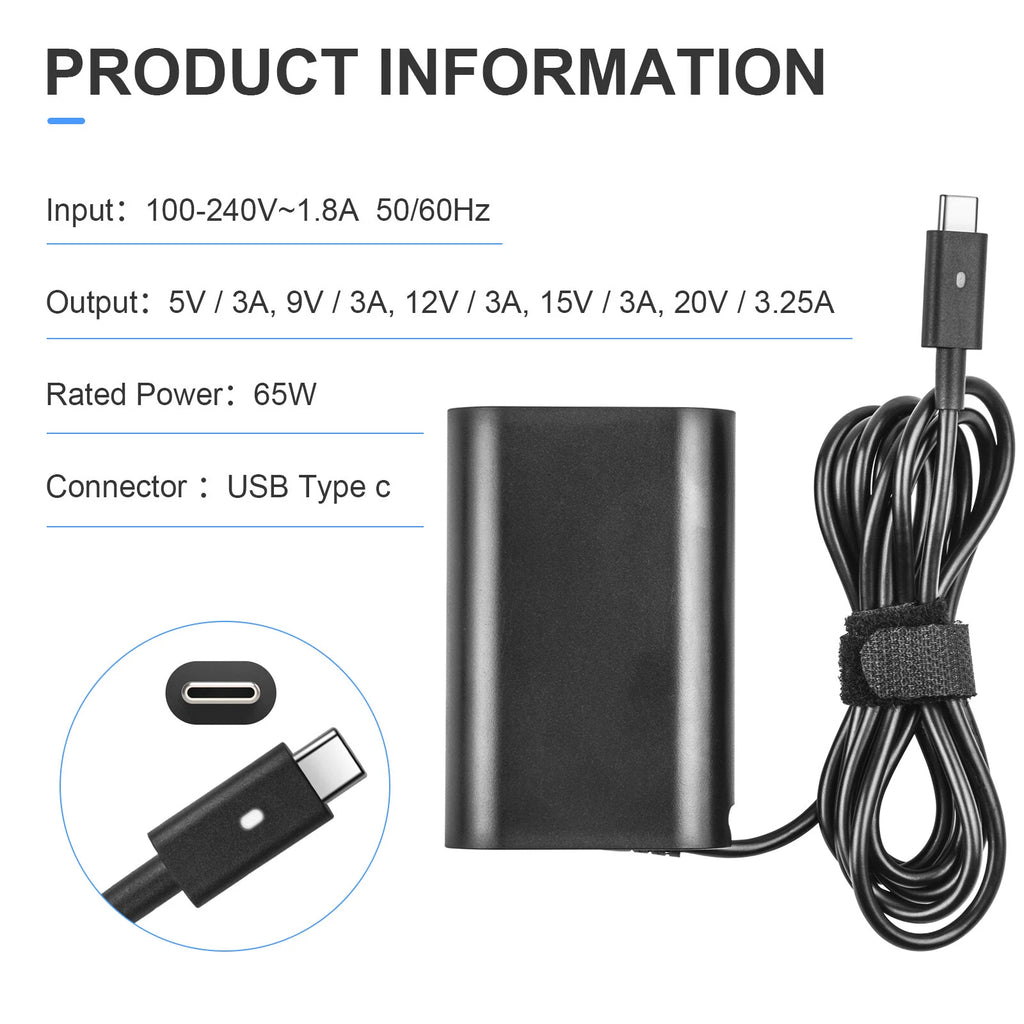 65W Type C Charger USB C Power Adapter 24YNH for Dell VENUE 10 PRO 5056 Laptop