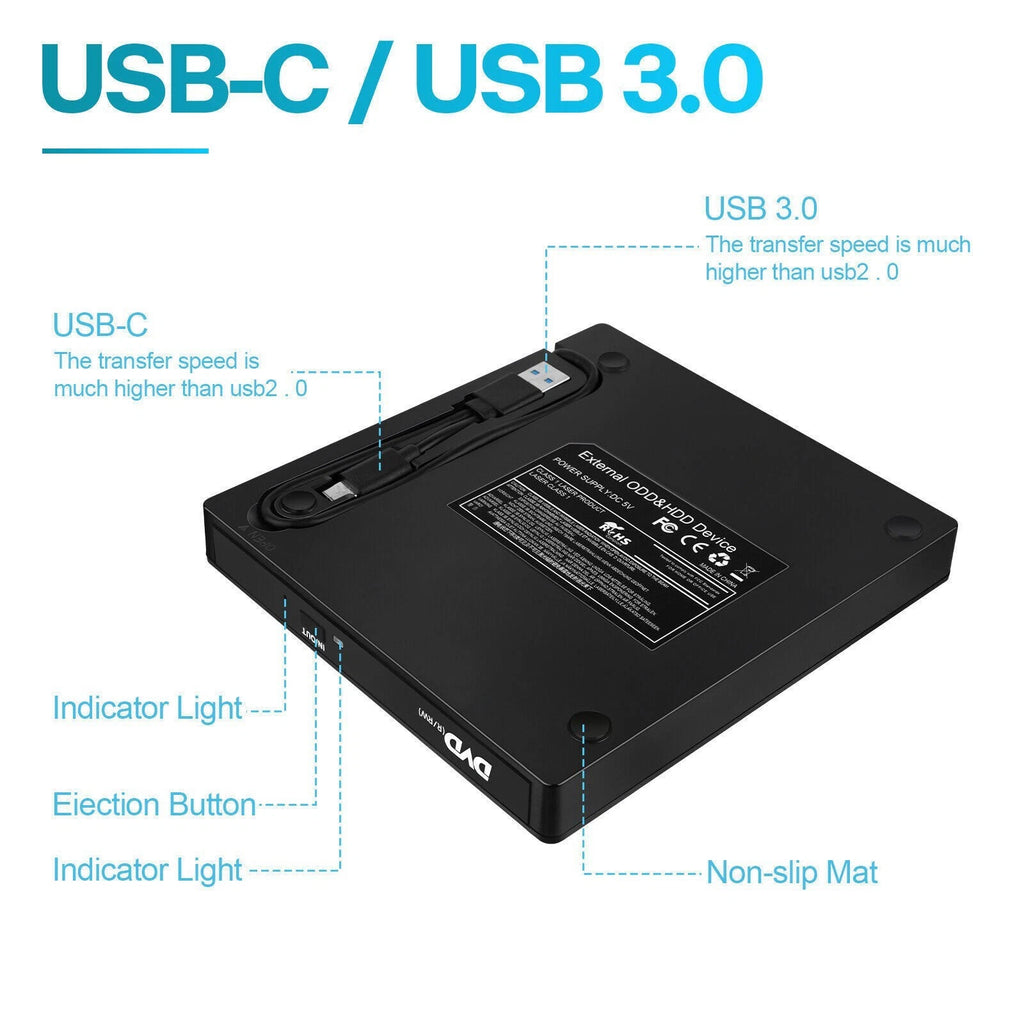 Laptop Desktop PC Windows 11/10 Linux Mac OS External CD/DVD Drive Burner Player