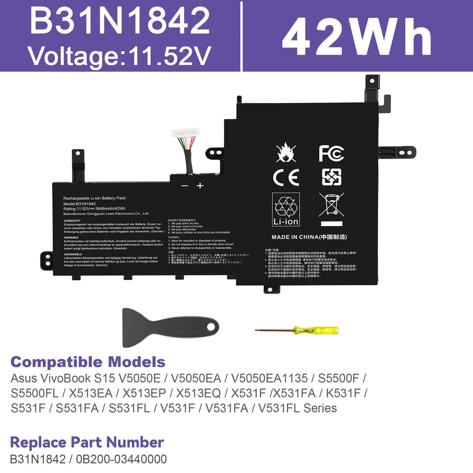 Replace B31N1842 Battery For ASUS VivoBook S15 F513 M513 S513 X513 S531F 42Wh US