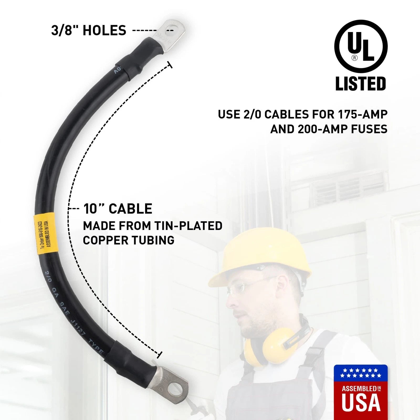 2/0 Black Battery Interconnect Cable 10" with 3/8" Lugs ASSEMBLED IN USA