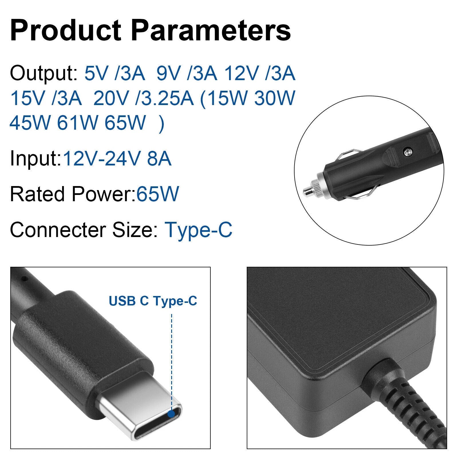 90W 87W 65W 61W 45W 20W USB Type C PD Laptop Car Charger Power Supply DC Adapter