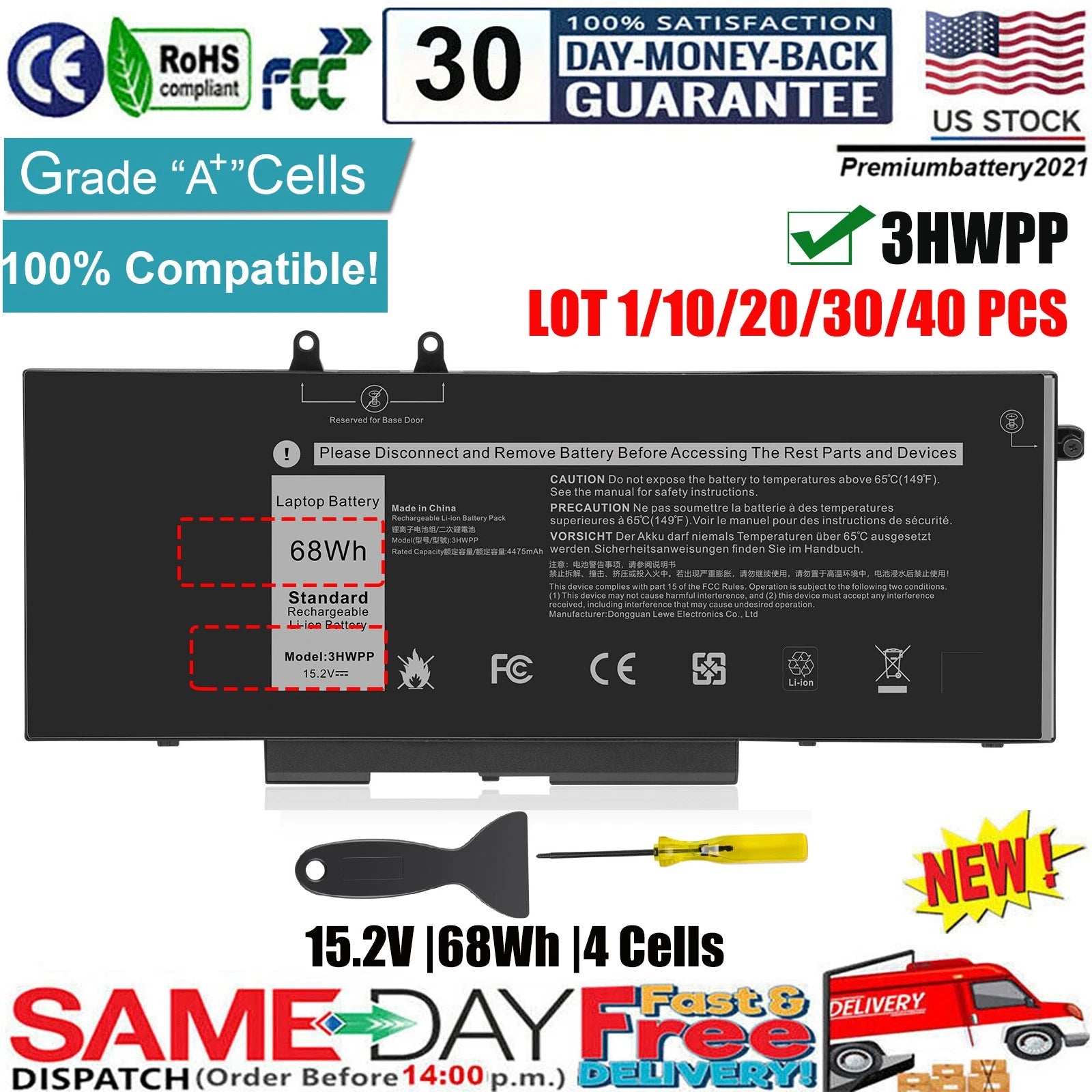 LOT 1/30 3HWPP Battery for Dell Latitude 5501 5401 5511 5510 5411 5410 451-BCMN