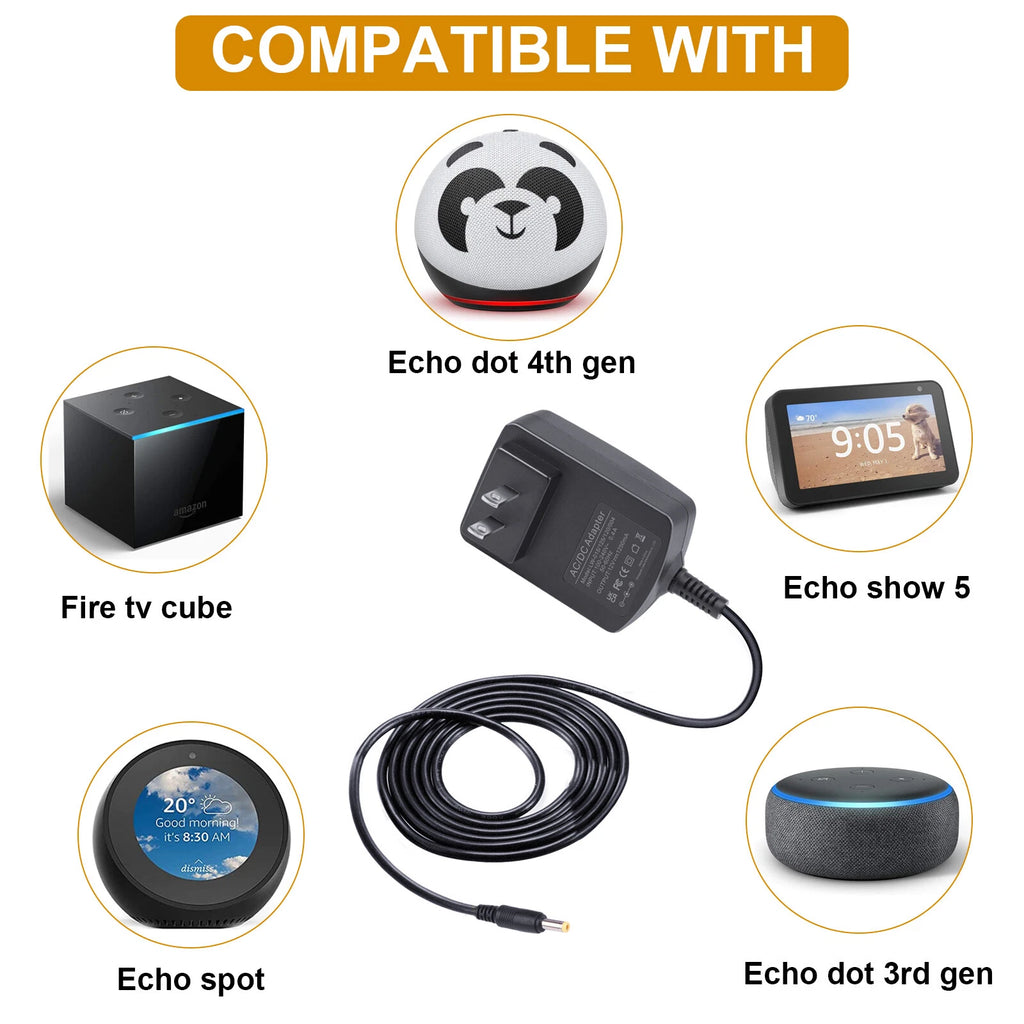 AC Power Adapter Charger 15W For Amazon Echo Dot 3rd 4th Gen, Show 5, Alexa Spot