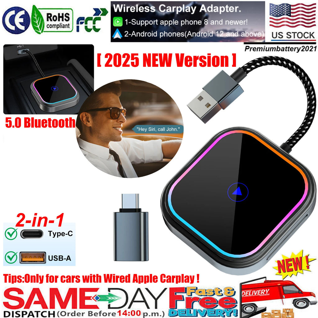 ?2 in 1 Wireless Apple CarPlay/Android Auto Adapter Dongle USB /Type C Plug&Play