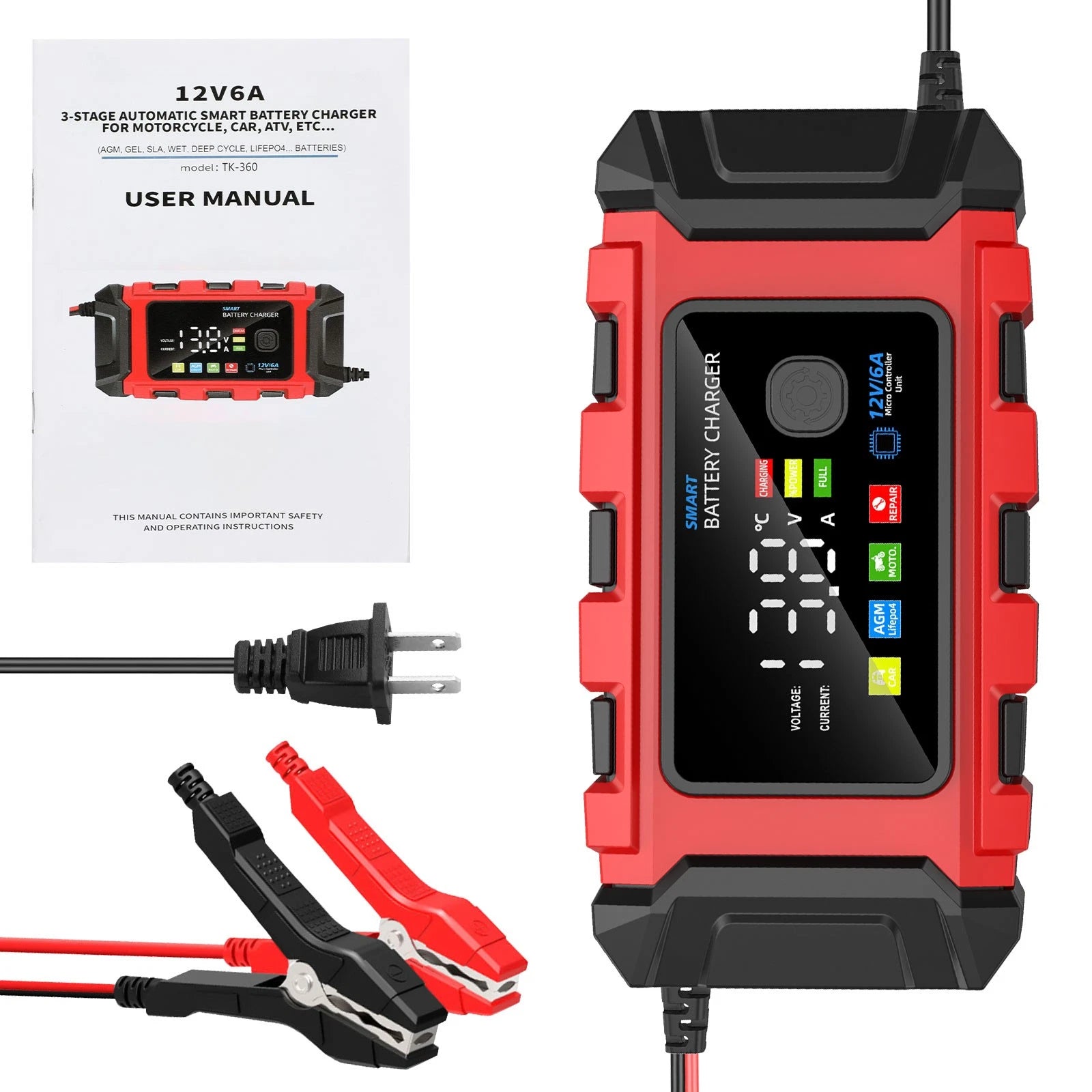 12V 6A Car Battery Charger LiFePo4 Fast Charger Automatic Smart Pulse Repair AGM