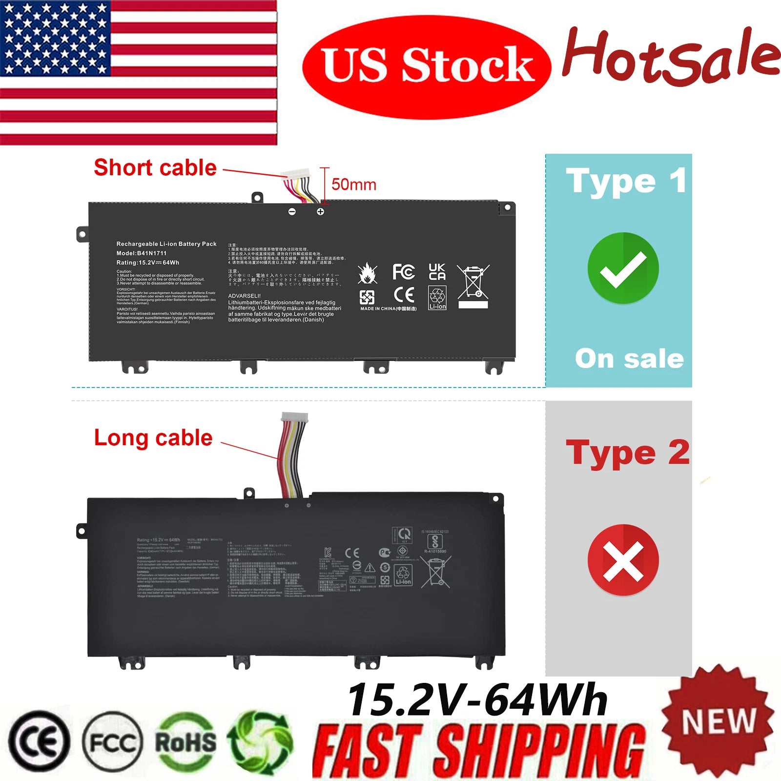 B41N1711 Battery for Asus ROG Strix GL703VD GL503 GL503VM GL503VD FX503VM 64Wh
