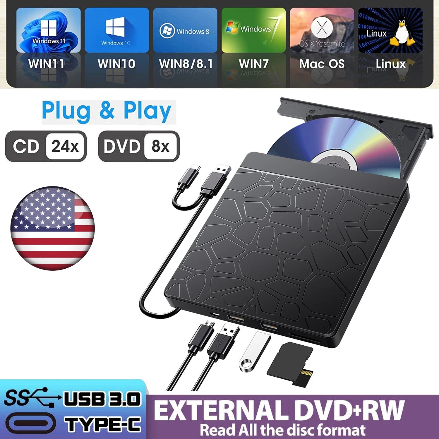 External Slim USB 3.0 CD DVD-/+RW Drive Burner Writer Hard Disk Reader Player PC