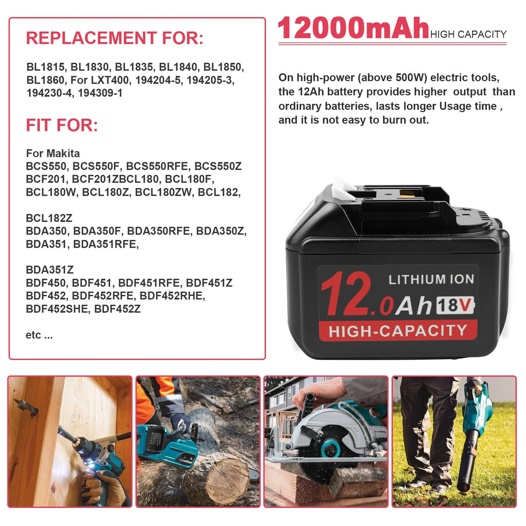 For Makita 18V 8.0Ah 12.0Ah Lithium-Ion Battery BL1890 BL1850 BL1860 LED Tools