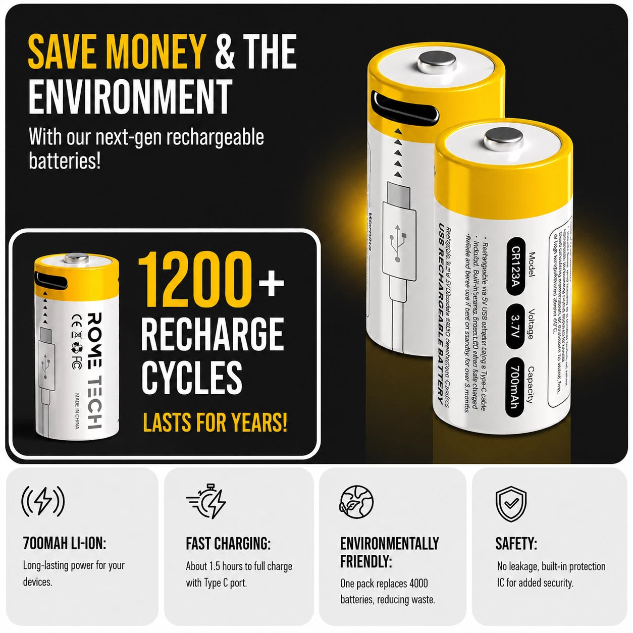 CR123A Rechargeable Batteries 3.7V 700 mAh with USB-C Charging Cable - 4 Pack