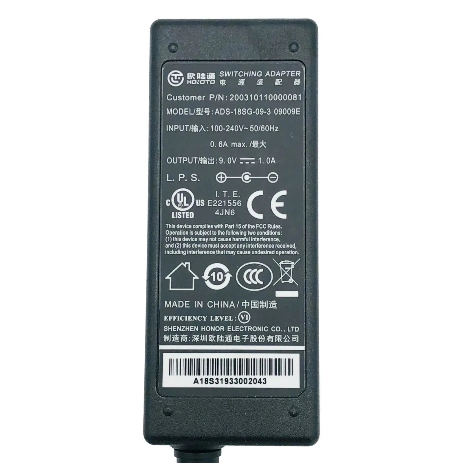 New Original Hoioto AC Adapter 9V 1A 9W 5.5x2.1 ADS-18SG-09-3 Laptop Power