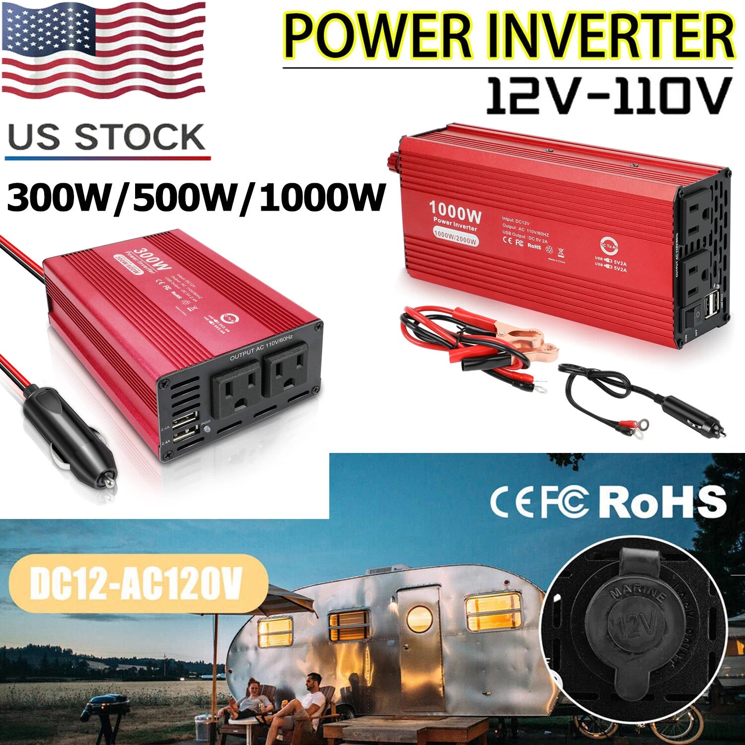 Car Inverter Power Converter Adapter DC 12V to 110V USB Outlet Cigarette Lighter