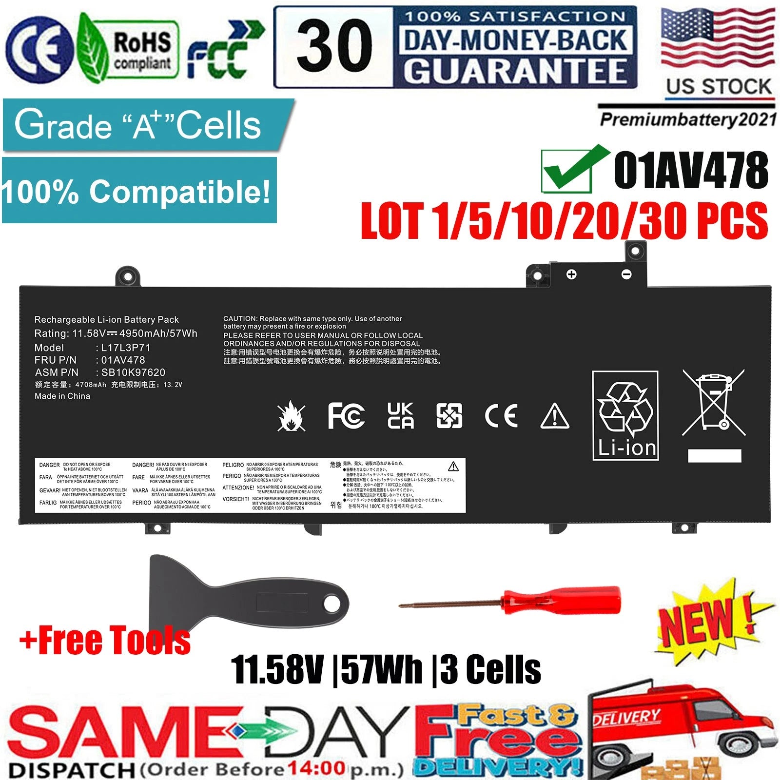 ?LOT 1-30 Battery For Lenovo ThinkPad T480s L17L3P71 L17M3P71 L17M3P72 01AV478