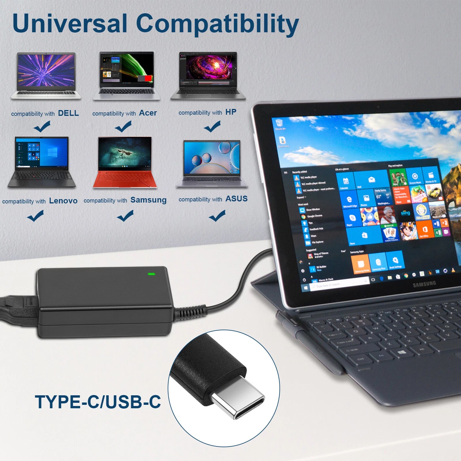 45W Type-C USB-C Power Adapter Laptop Charger for Acer HP Chromebook ASUS Dell