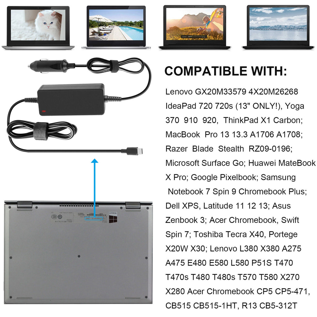 USB-C Vehicle Car Adapter Charger for MacBook Pro DELL Asus Lenovo Acer Samsung