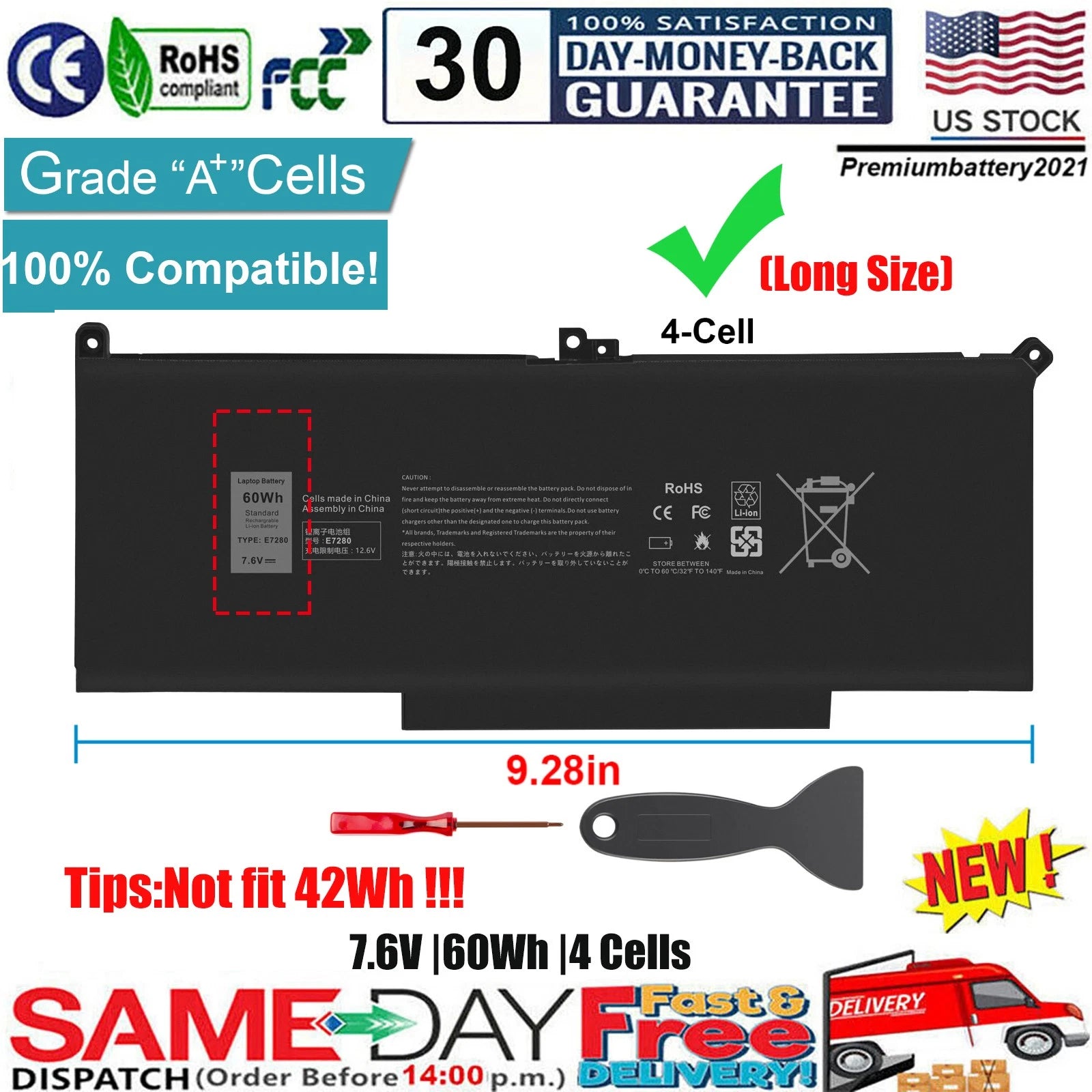 ?F3YGT Battery For Dell Latitude 12 13 14 E7280 E7480 7480 7490 7380 7390 DM3WC