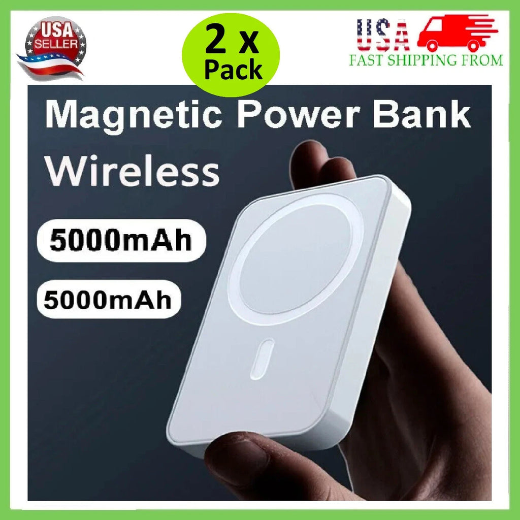 2 x 5000mAh Power Bank Magnetic Battery Pack Wireless Charger iPhone 14/13/12