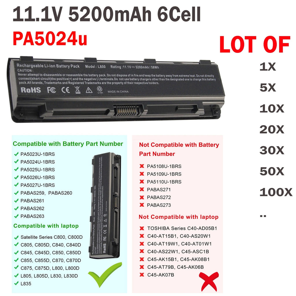 ??LOT PA5024U-1BRS Battery For Toshiba Satellite C805 C850 P800 PABAS260 5200mAh