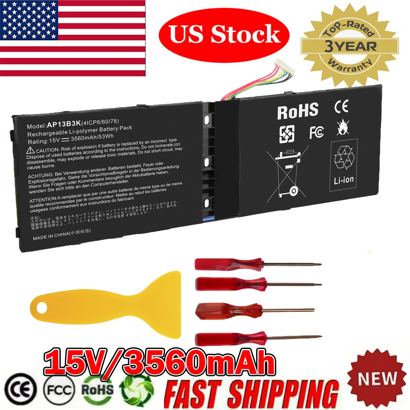 Battery for Acer Aspire V5-572P V5-573G V5-573P R7-571 AP13B3K AP13B8K 53Wh