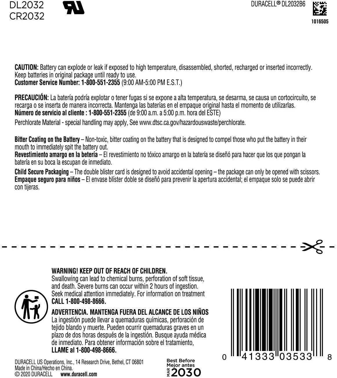 Duracell - 2032 3V Lithium Coin Battery - with Bitter Coating - 6 count