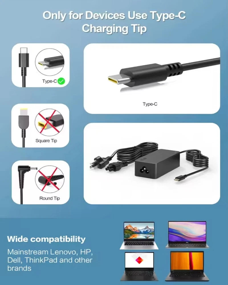 Charger for Lenovo Laptop Chromebook 90W 65W 45W USB-C Fast Power Adapter Cord
