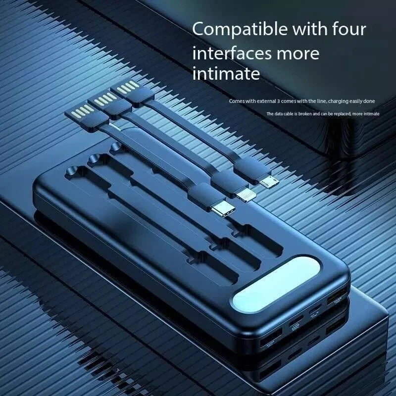 Portable Power Bank 10000mAh Fast Charging Battery with 3 Built in Cable BLK/WHT