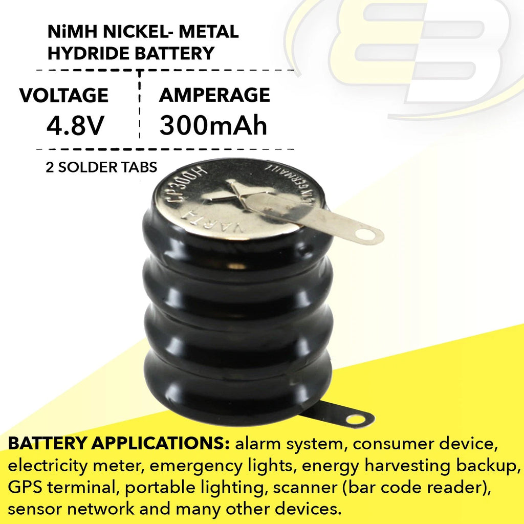 2x 4/CP300H 4.8 Volt 300mAh NiMH Battery w/ Tabs For PDA , sensor network