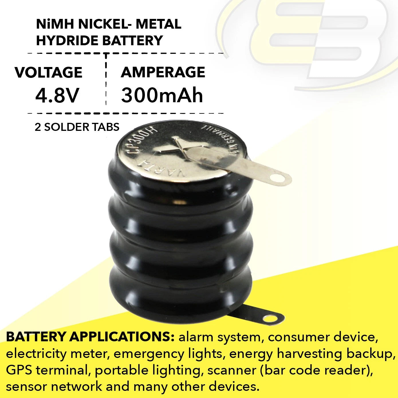 2x 4/CP300H 4.8 Volt 300mAh NiMH Battery w/ Tabs For PDA , sensor network
