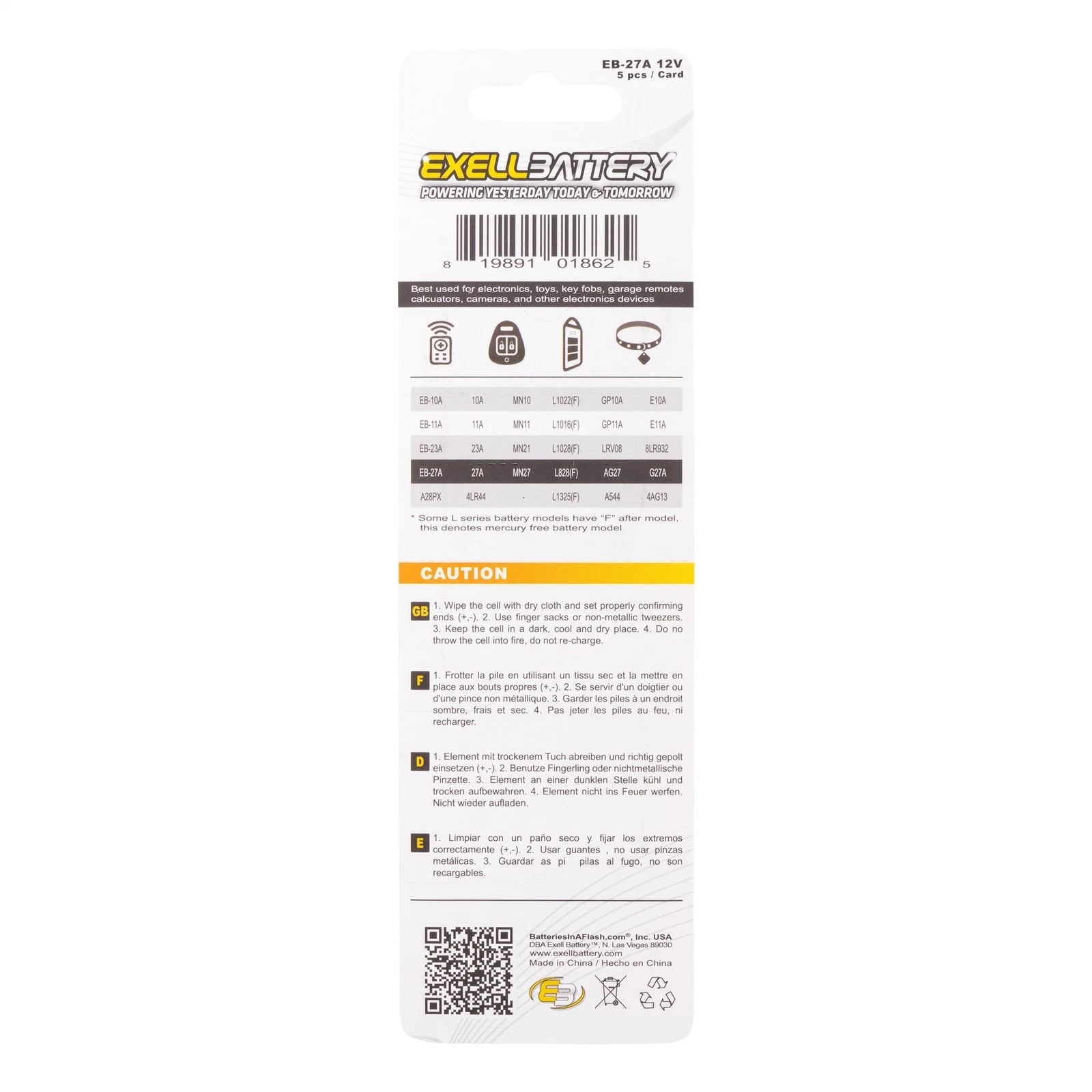 5x 5PK Exell EB-27A Alkaline 12V Battery Compatible With L828 AG27 MN27 G27