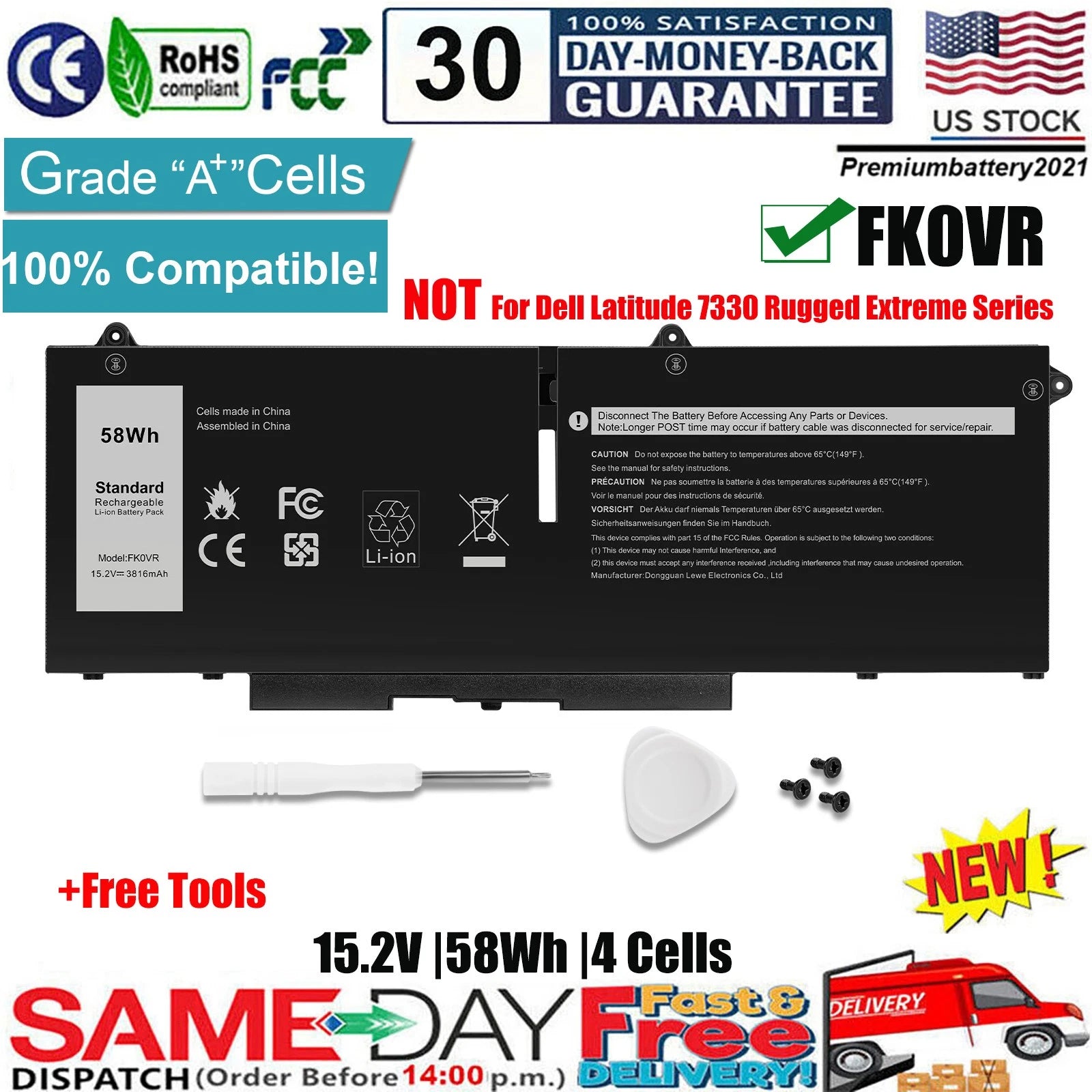 NEW For Dell Latitude 5330 7330 7430 7530 Laptop Battery FK0VR 8P81K P133G P134G