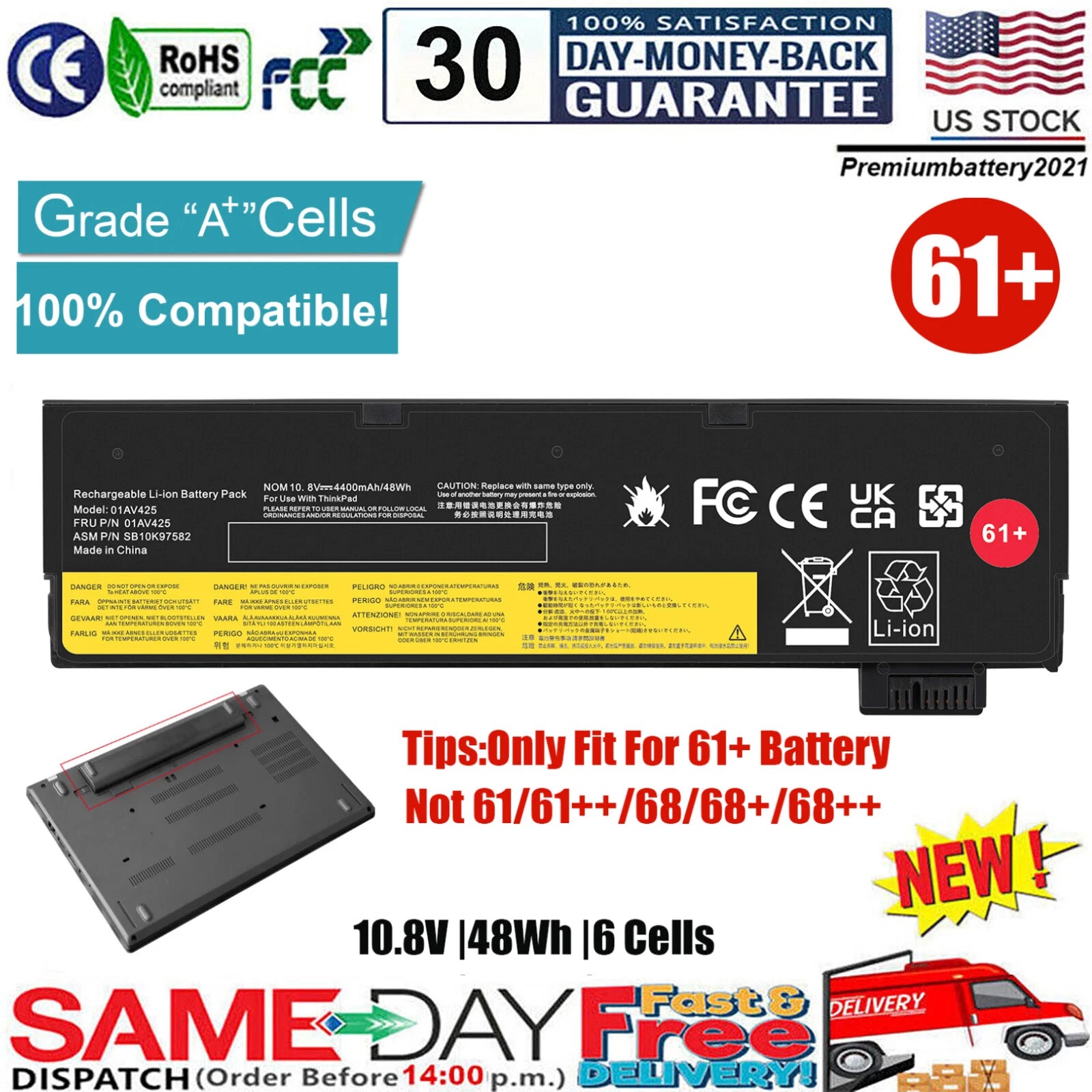 61+ Battery for Lenovo ThinkPad T470 T480 T570 T580 01AV425 01AV426 01AV491 48Wh
