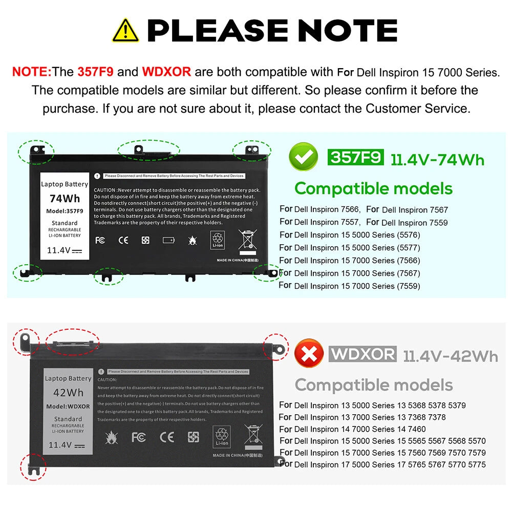 ?357F9 Battery for Dell Inspiron 15 5576 5577 7559 7557 7567 7566 0GFJ6 74Wh