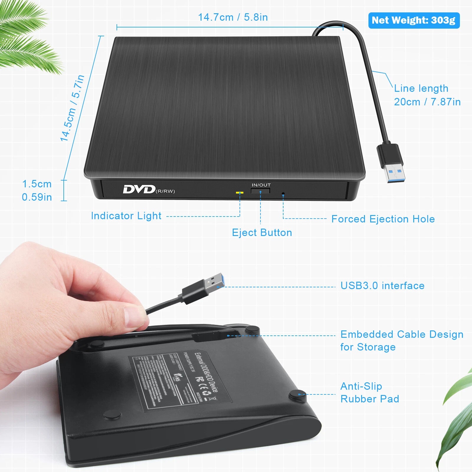 External CD Drive USB 3.0 Portable RW DVD Drive for Desktop/Laptop/Mac OS HP PC