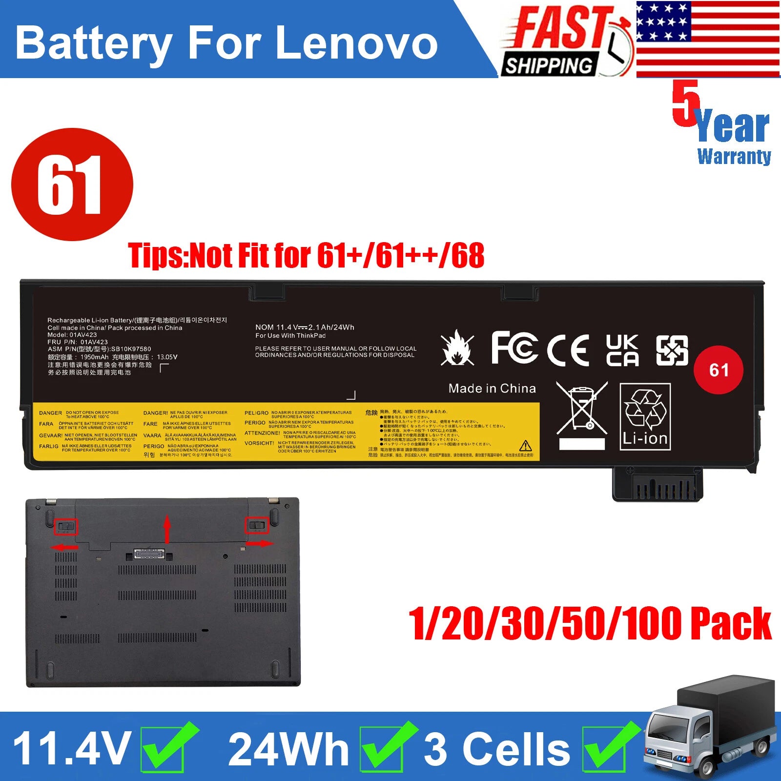 LOT Battery For Lenovo Thinkpad T470 T480 T570 T580 P51s P52s 01AV423 01AV425 US