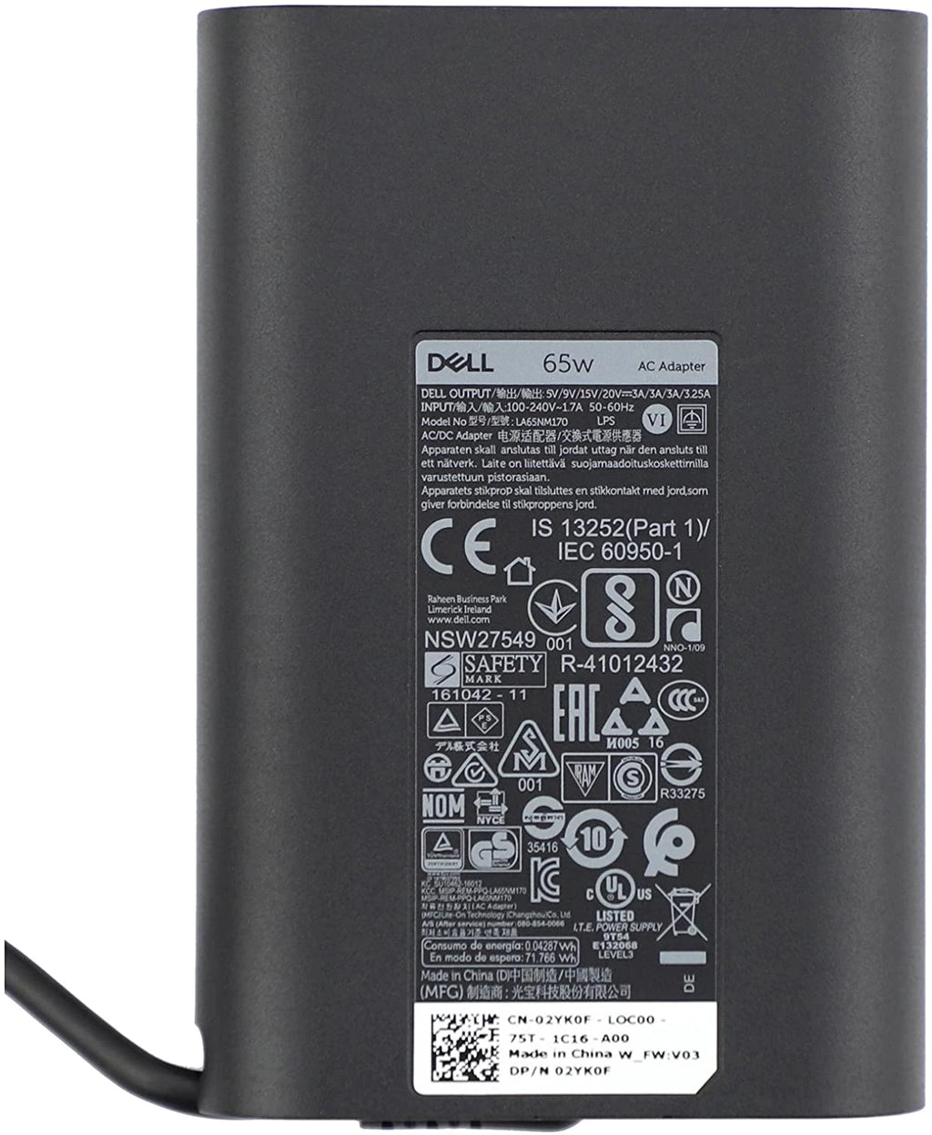 Genuine 65W USB-C Charger for Dell XPS 12 9250 LA65NM170 2YKOF 02YK0F Adapter