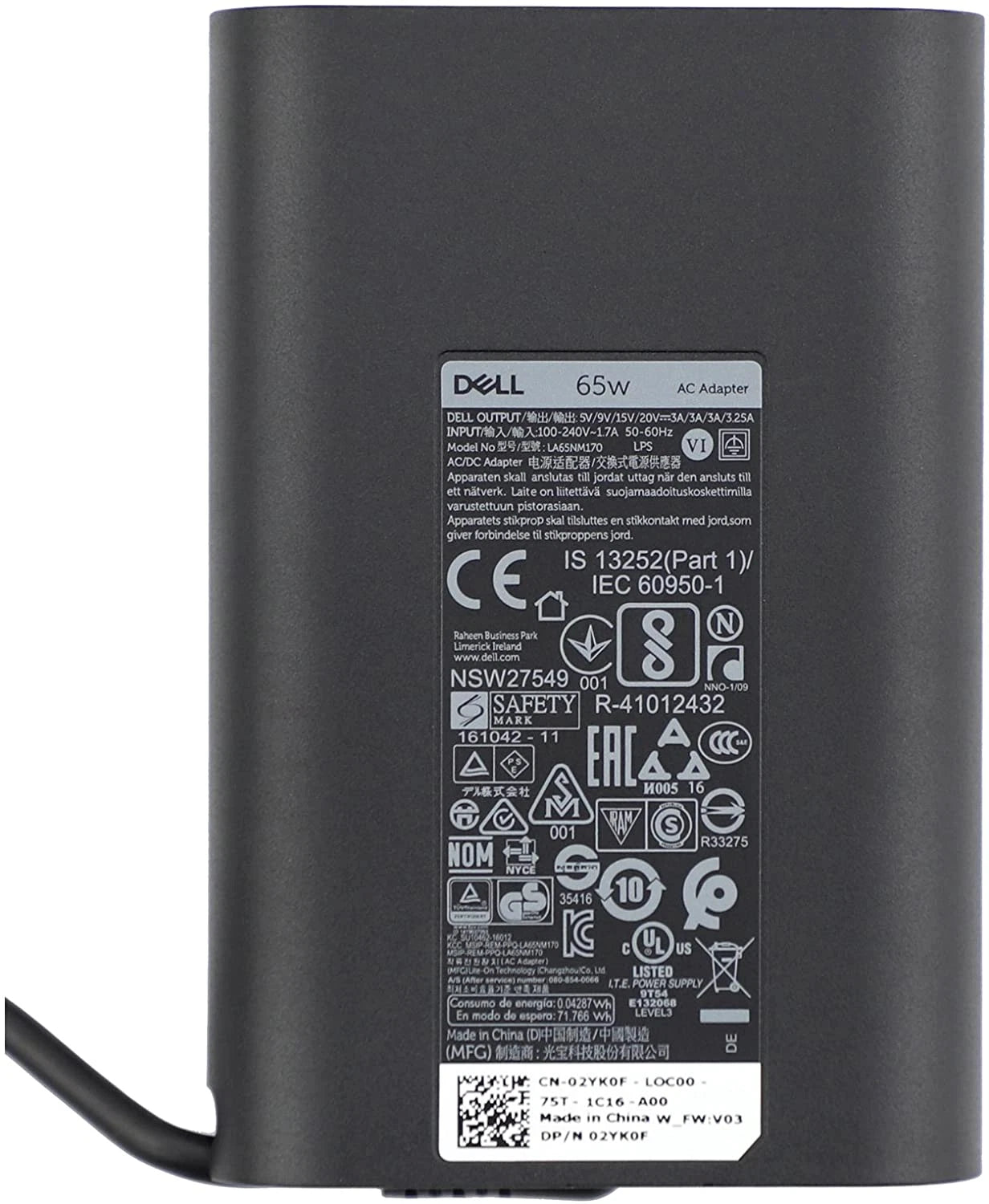 Genuine 65W USB-C Charger for Dell XPS 12 9250 LA65NM170 2YKOF 02YK0F Adapter