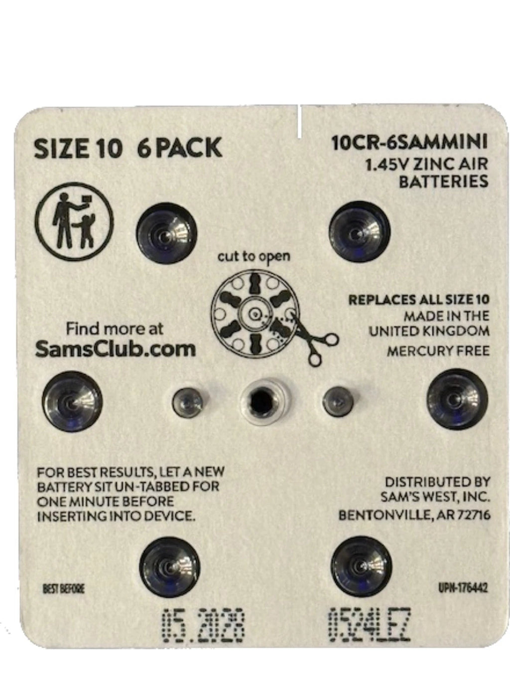 6pk 1.45V Size 10 Hearing Aid Battery Zero Mercury Long Tab Easy to Insert