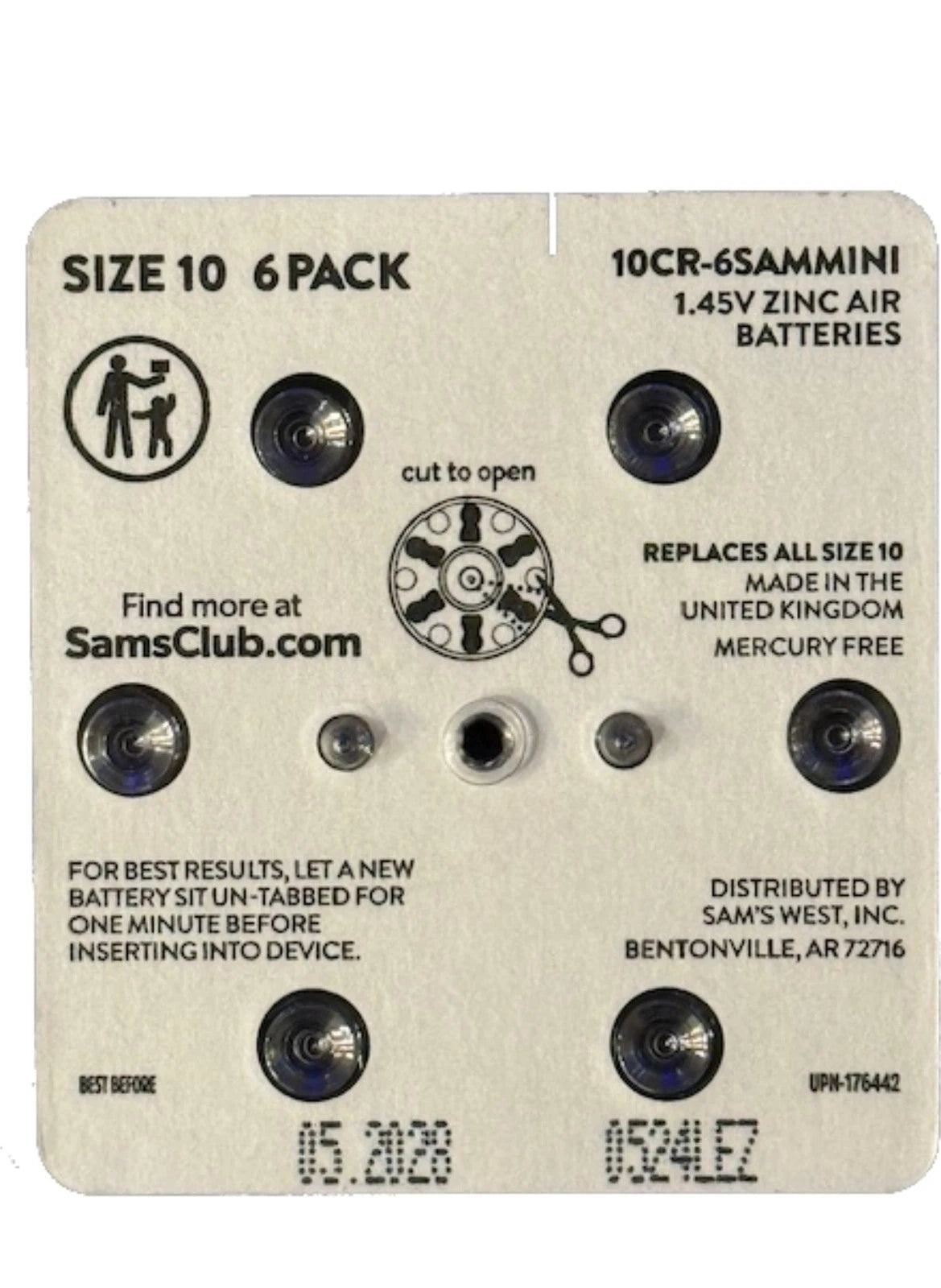 6pk 1.45V Size 10 Hearing Aid Battery Zero Mercury Long Tab Easy to Insert