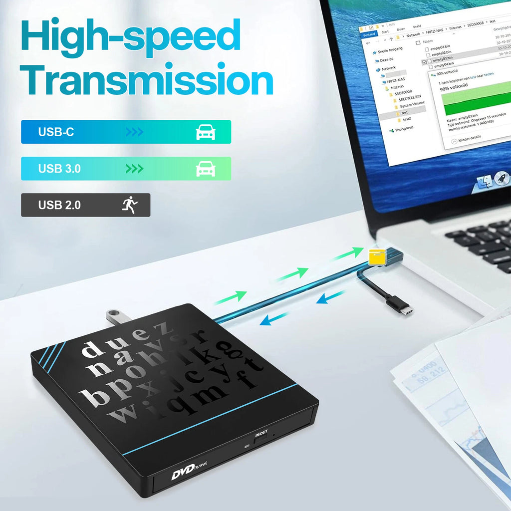 7-in-1 External USB 3.0 Type-C DVD Reader CD Burner Drive Player for Laptop Win