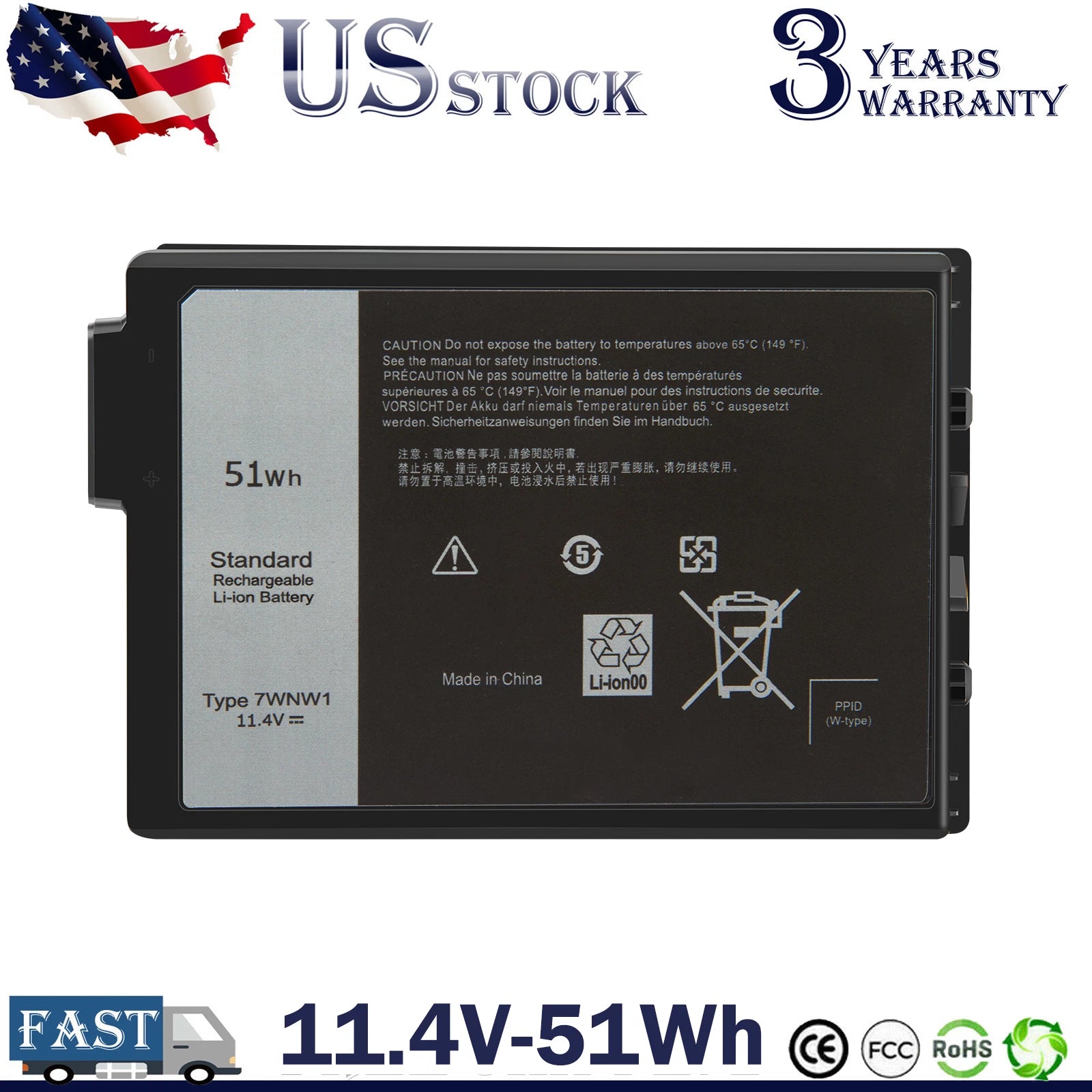Battery For Dell Latitude 5420 5424 7424 Rugged Type GK3D3 7WNW1 11.4V-51Wh