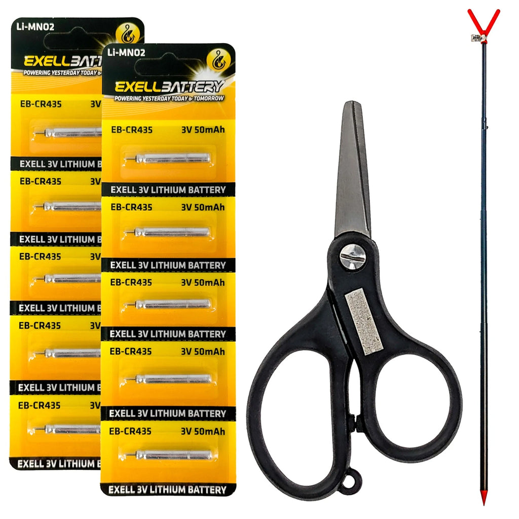 Fisherman Kit: 10pc CR435 Float Batteries, Fish Line Scissors and Rod Holder