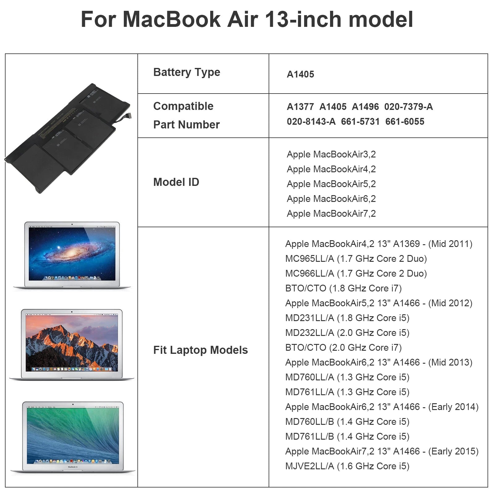 A1405 Battery for Apple MacBook Air 13" A1369 Late 2010 Mid 2011 A1466 2012 50Wh