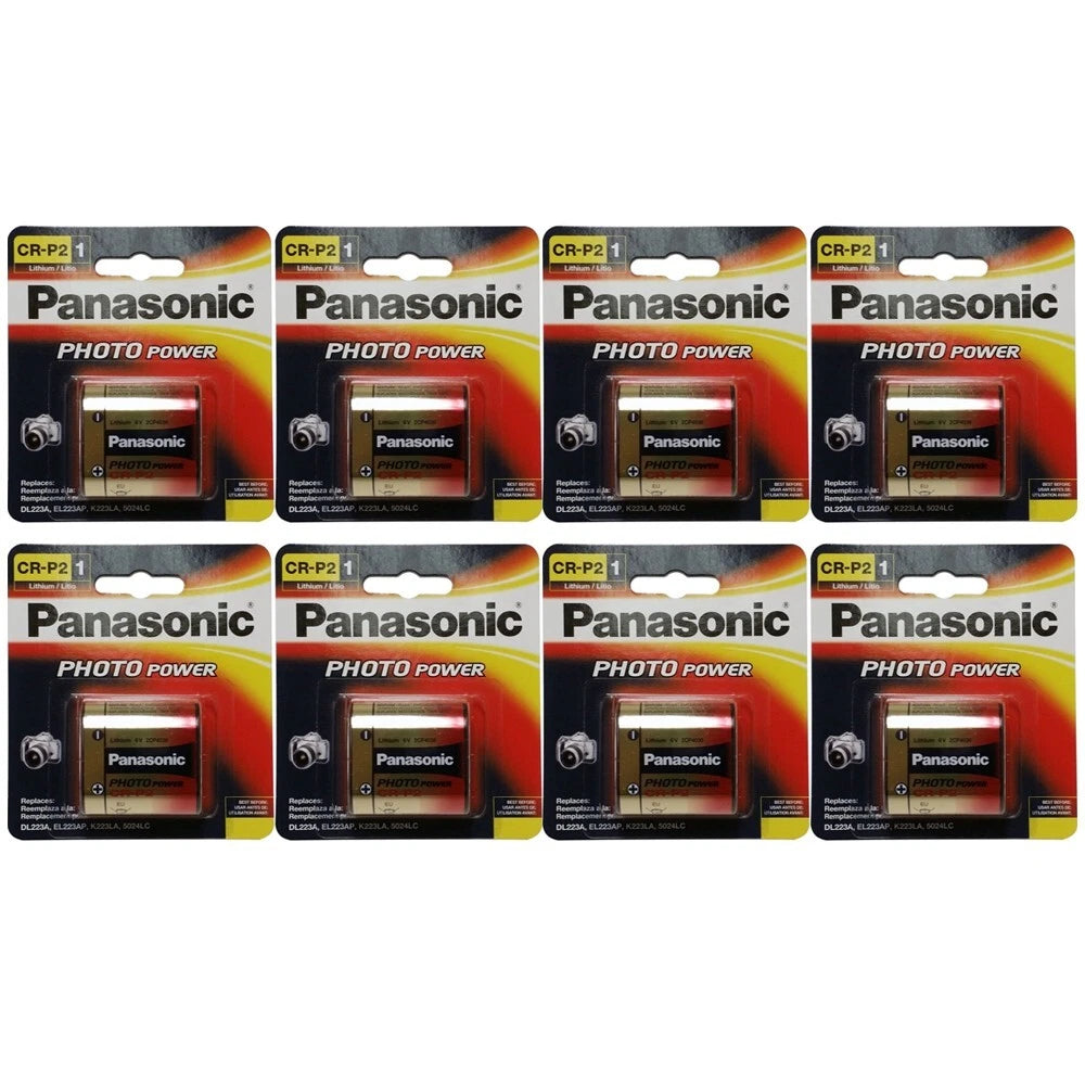 8 x Panasonic CR-P2 (223A) 6 Volt Lithium Batteries (On a Card)