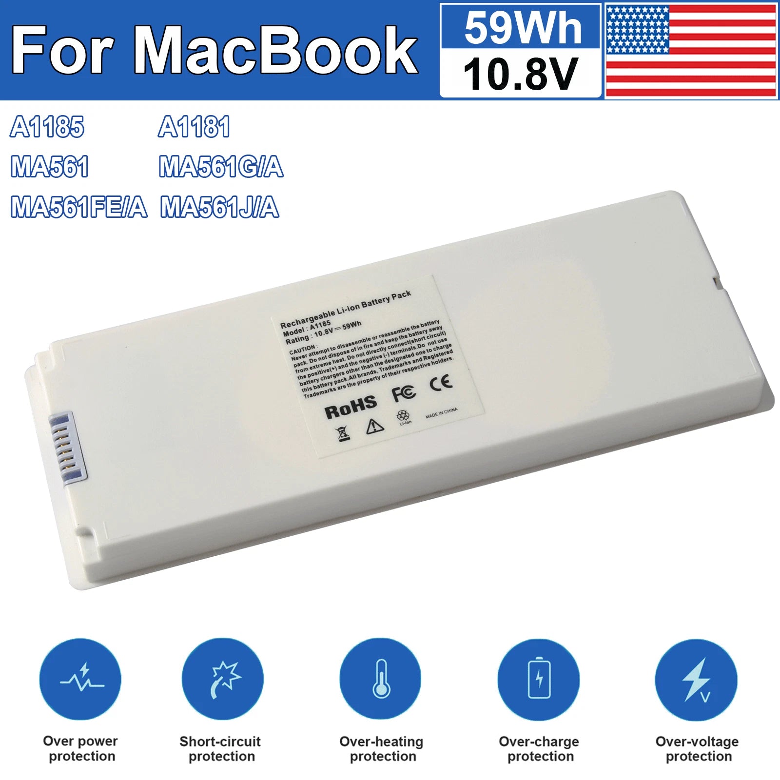 A1181 Battery For Apple MacBook 13" A1185 MA254 MA255 MA561 MA566 2006-2009 60Wh