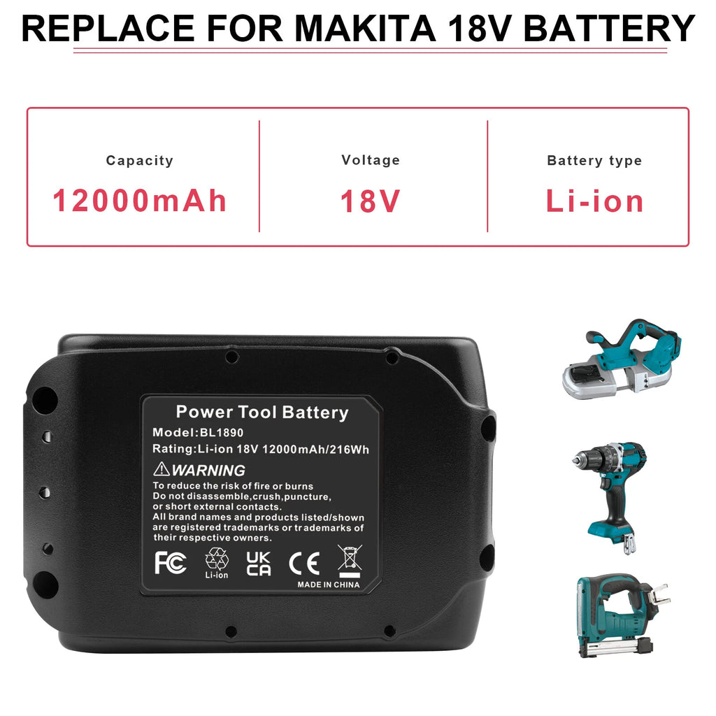 12.0Ah Battery For Makita 18V Lithium BL1890 BL1860B BL1850 BL1830 Power Tool US