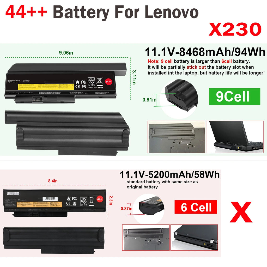 44++ Battery For IBM Lenovo ThinkPad X220 X220i X230 X230i 45N1025 8468mAh 9Cell