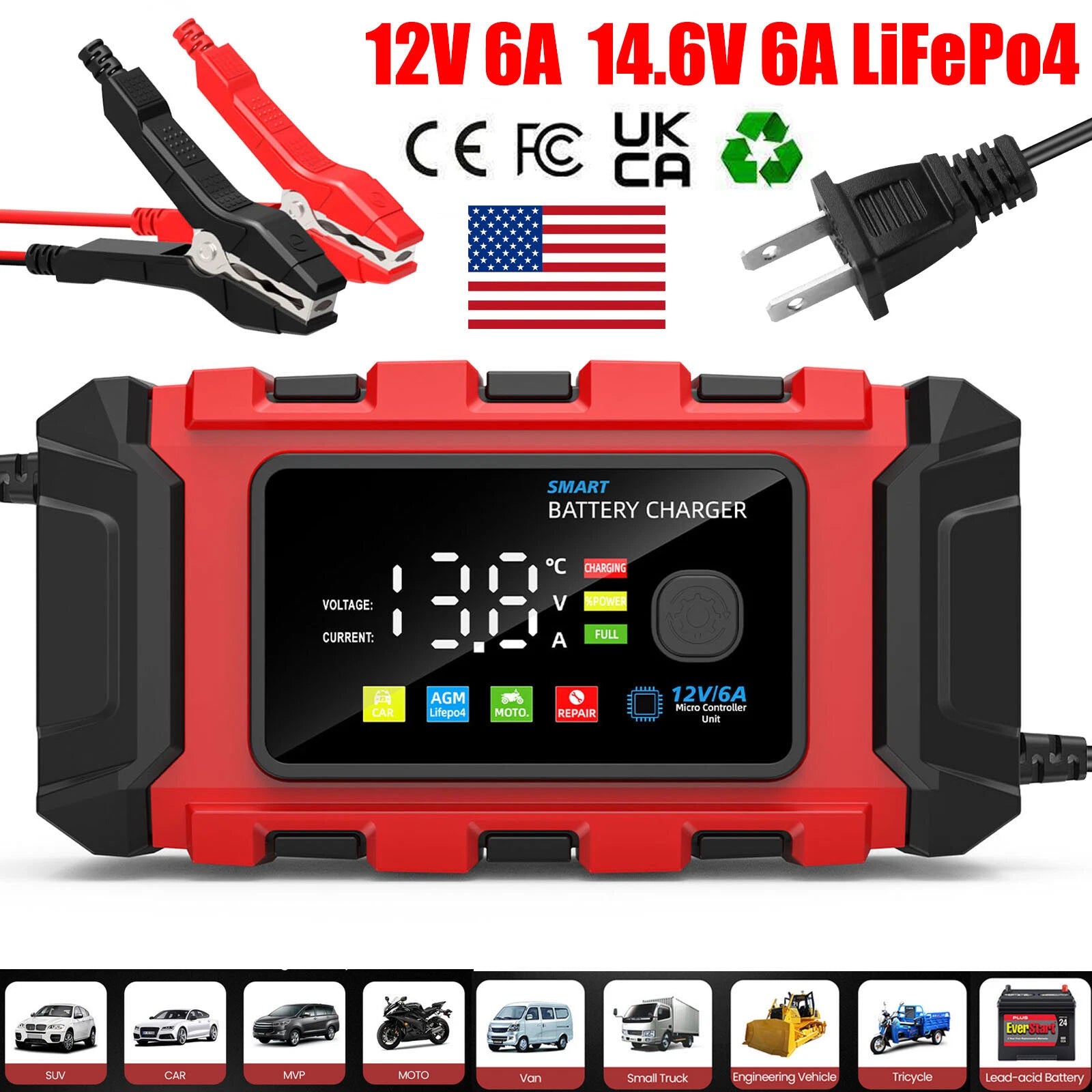 LiFePO4 Car Battery Charger 12V 6A Trickle Charger Maintainer AGM Motorcycle