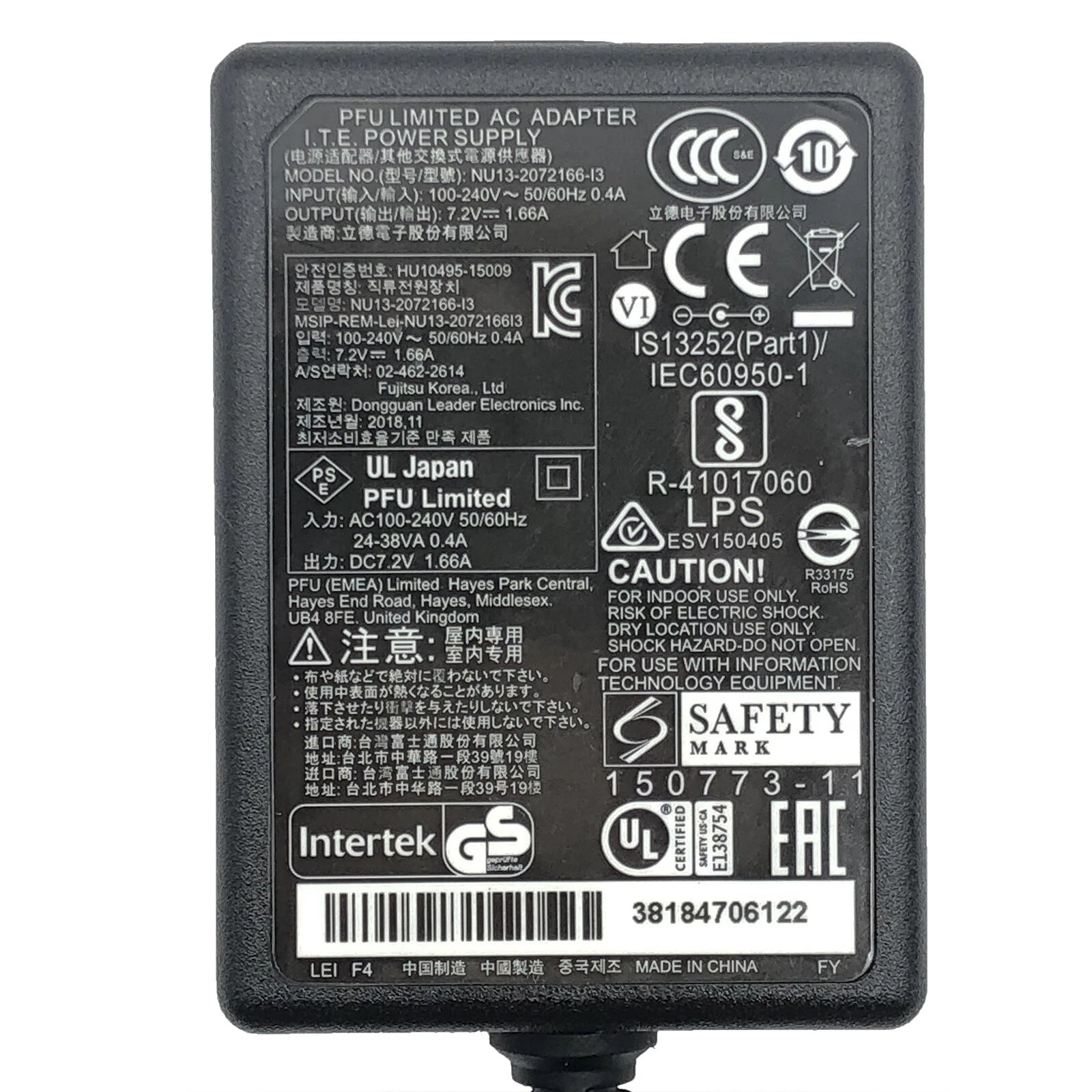 NEW Genuine LEI 12W AC Power Adapter NU13-1072166-I3 Charger for 7.2V 1.66A