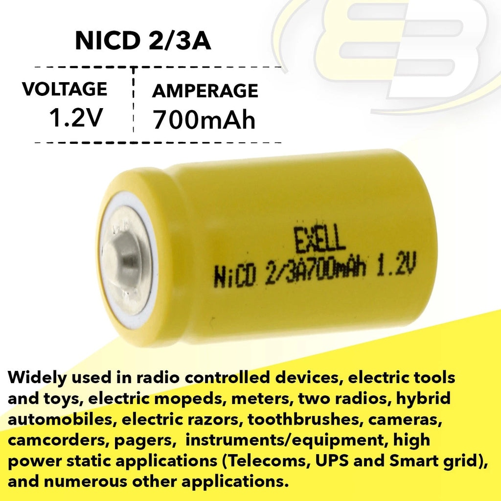 5x 2/3A Size 1.2V 700mAh NiCD Button Top Battery for iBeacons, IoT devices